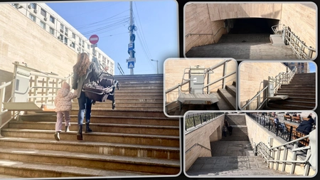 Luați-vă bebelușii în brațe și cărucioarele în spate, dacă vreți să traversați Piața Unirii. Rampele electrice nu funcționează, trecere de pietoni nu există - FOTO