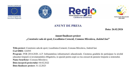 Construire sala de sport, Localitatea Cornesti, Comuna Miroslava, Judetul Iasi