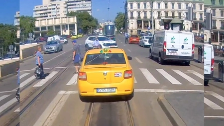 Imagini de pe camera de bord! Iată cine a apărut de după tramvai, în Piața Unirii, în fața unui taximetrist. A fost șocul vieții sale