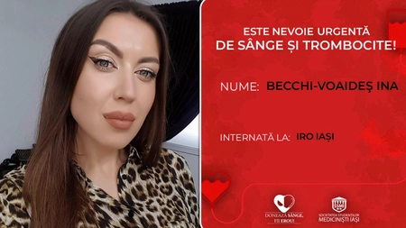 Este nevoie urgent de sânge și trombocite pentru Ina Becchi-Voaideș, o tânără internată la IRO Iași!