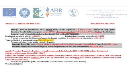 Încurajarea dezvoltării locale în teritoriul Poiana Vlădicăi - Deschiderea apelului de selecție pentru depunerea Cererilor de Finanțare pentru Măsura 6.2/ 6B