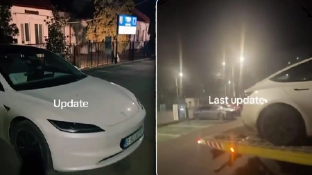 Un proprietar al unui autoturism marca Tesla, nemulțumit că stația electrică din comuna Lespezi nu funcționează. Acesta a fost obligat să ajungă la destinație cu mașina pe platformă