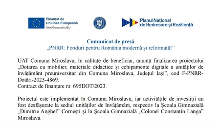 Finalizarea proiectului „Dotarea cu mobilier, materiale didactice și echipamente digitale a unităților de învățământ preuniversitar din comuna Miroslava, județul Iași”