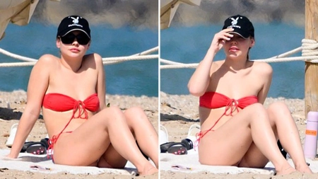 Madelyn Cline, apariție senzuală într-un bikini roșu pe o plajă din Spania. Iată cum se relaxează actrița între filmări