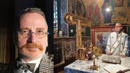 Ovidiu Cuncea, diacon și actor, prezent la altar pentru Kira Hagi și Thomas Ferfelis. 
