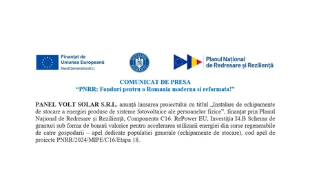 PANEL VOLT SOLAR S.R.L. anunță lansarea proiectului „Instalare de echipamente de stocare a energiei produse de sisteme fotovoltaice ale persoanelor fizice”, finanțat prin PNRR