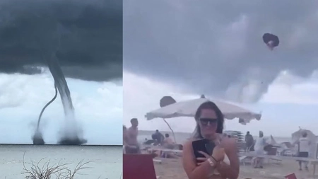Momentul în care o plajă plină de turiști este lovită de o tornadă. Rafalele de vânt au făcut prăpăd