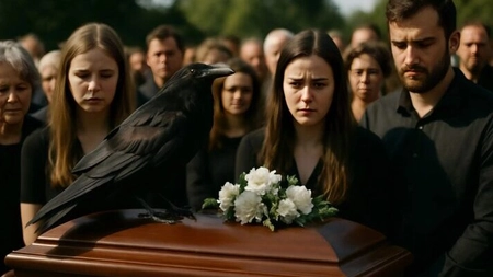 În timpul înmormântării unei fete, un corb negru a aterizat brusc pe sicriu, iar câteva secunde mai târziu toată lumea s-a uitat cu groază la pasăre.