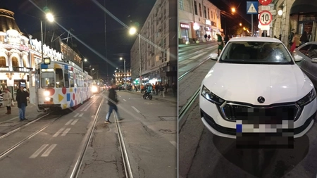 O șoferiță de 68 de ani, din Iași, a blocat, timp de 30 de minute, tramvaiele de pe strada Cuza Vodă! Femeia și-a parcat mașina lângă linie pentru a merge la cumpărături