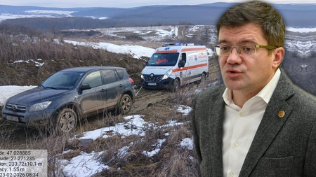 Imaginea incompetenței președintelui CJ, Costel Alexe! Ambulanța a rămas împotmolită în mocirlă pe drumul județean din Mădârjac. Pacientul a decedat!