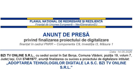 ANUNȚ DE PRESĂ privind finalizarea proiectului de digitalizare finanțat în cadrul PNRR – Componenta C9, Investiția I3, Măsura 1