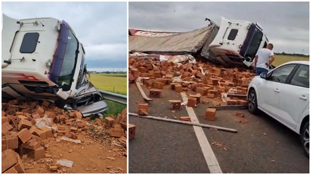 Accident mortal! Un bărbat a pierit după ce un TIR cu cărămizi s-a răsturnat peste mașina în care se afla! 