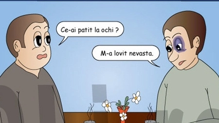 BANC: Doi prieteni se intalnesc  dimineata, la cafea. Unul din ei are un ochi vanat: 