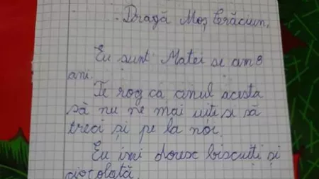 Scrisoarea emoționantă a unui copil din Târgoviște pentru Moș Crăciun: „Te rog ca anul acesta să nu ne mai uiţi”