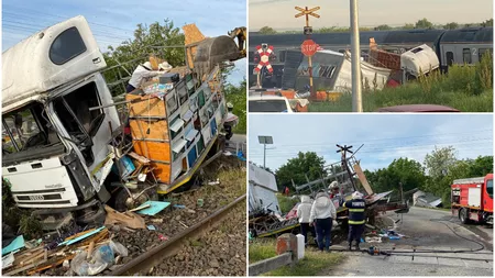 Accident feroviar în județul Olt. Un camion cu 70 de stupi de albine, lovit de un tren de călători - FOTO, VIDEO