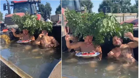 Doar în Argeş mai vezi aşa ceva! Doi fermieri au tranformat cuva excavatorului în piscină