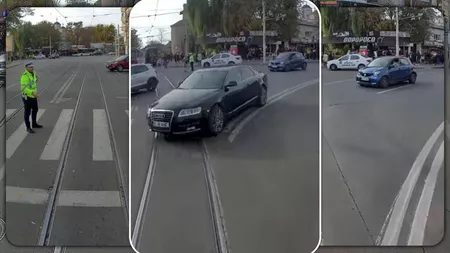 Nu le-a păsat că în intersecție erau polițiști ce dirijau circulația! Doi șoferi au refuzat să acorde prioritate tramvaiului – FOTO/VIDEO