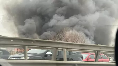 Incendiu puternic în Capitală! Pompierii intervin pe Bulevardul Iuliu Maniu din București, la intrarea pe Autostrada A1 - VIDEO