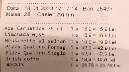 Ce sumă a fost obligat să lase bacșiș un client, pentru o notă de 159 de lei, într-un restaurant din Centrul Vechi din București