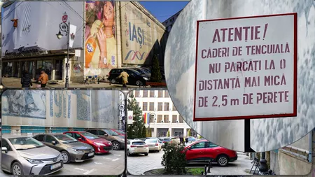 Primăria Iași închiriază locuri de parcare lângă o clădire din centrul Iașului, care stă să cadă. „ATENȚIE! Căderi de tencuială. Nu parcați la o distanță mai mică de 2,5 m de perete” - FOTO