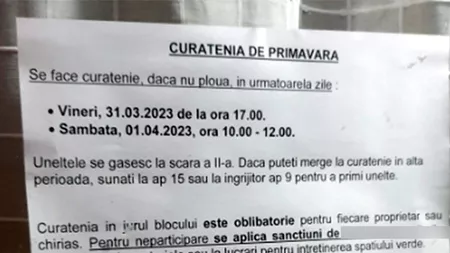 Un anunț al unui administrator de bloc din Cluj-Napoca a devenit viral pe internet. “Curățenia în jurul blocului e obligatorie. Pentru neparticipare…”