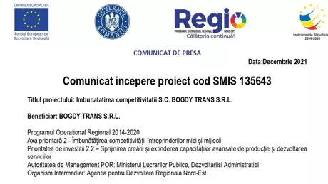 Comunicat incepere proiect cod SMIS 135643