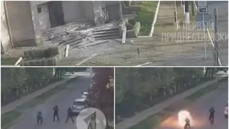 Primele imagini în care trei persoane atacă sediului Serviciului de Securitate de la Tiraspol cu lansatoare de grenade - VIDEO
