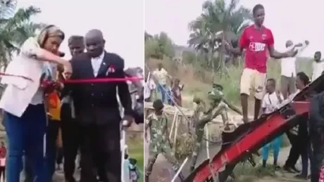 Moment tragi-comic surprins într-o ţară din Africa. S-a rupt podul în timp ce oficialii îi făceau inaugurarea - VIDEO