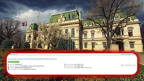 O firmă de construcții a bătut palma cu Primăria Iași pentru serviciile de curățenie din Palatul Roznovanu. Contractul valorează peste 16 mii de euro