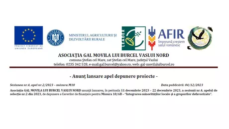 Asociaţia Gal Movila lui Burcel Vaslui Nord - Anunț lansare apel depunere proiecte - Integrarea minorităților locale și a grupurilor defavorizate