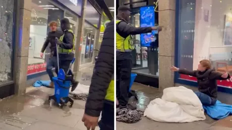 Un incident viral a stârnit furie în Marea Britanie. Un om al străzii a fost udat până la piele de câțiva agenți de pază - VIDEO