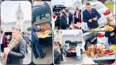 Imagini incredibile Țiganii de la Grajduri au întins mesele în fața Palatului Culturii din Iași înconjurați de bolizi de zeci de mii de euro Șuncă pastramă și damigene cu vin scoase direct din portbagaje - FOTO