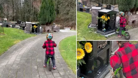 Scene emoționante cu un băiețel care merge cu bunica la mormântul mamei. Imaginile sunt dureroase