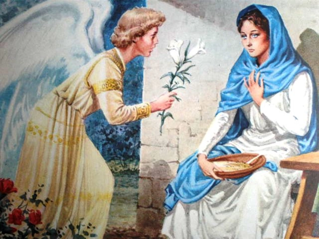 grafica care reprezinta pe Fecioara Maria si Sf. Gavriil