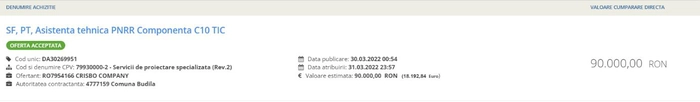 Captura de ecran de pe platforma SEAP cu o oferta acceptata in favoarea Crisbo Company S.R.L cu putin timp inainte de miezul noptii