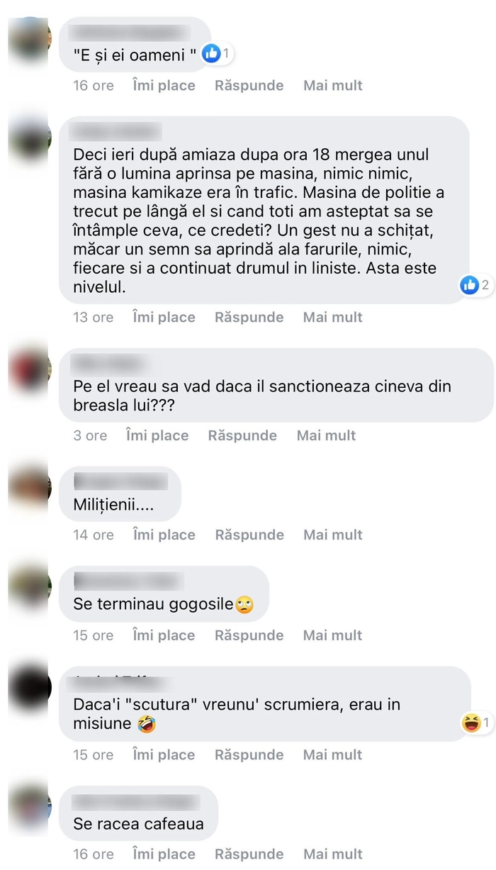 o poza cu niste comentarii de la postarea in care politistii au fost filmati încălcând regulile de circulație