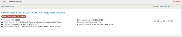  achizitie directa a Sistemului Informatic Integrat H3 Concept initiata de catreInsistutul de Psihiatrie „Socola” Iasi