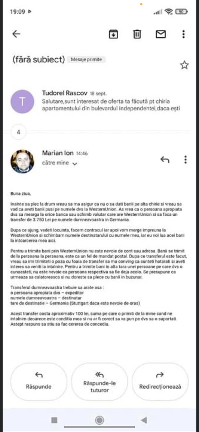 o poză cu o conversație pe email, în care acel individ cere bani in avans