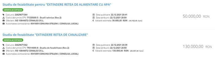 Captura de ecran de pe platforma SEAP cu doua dintre ofertele acceptate de primaria Oteleni in favoarea Conalid S.R.L