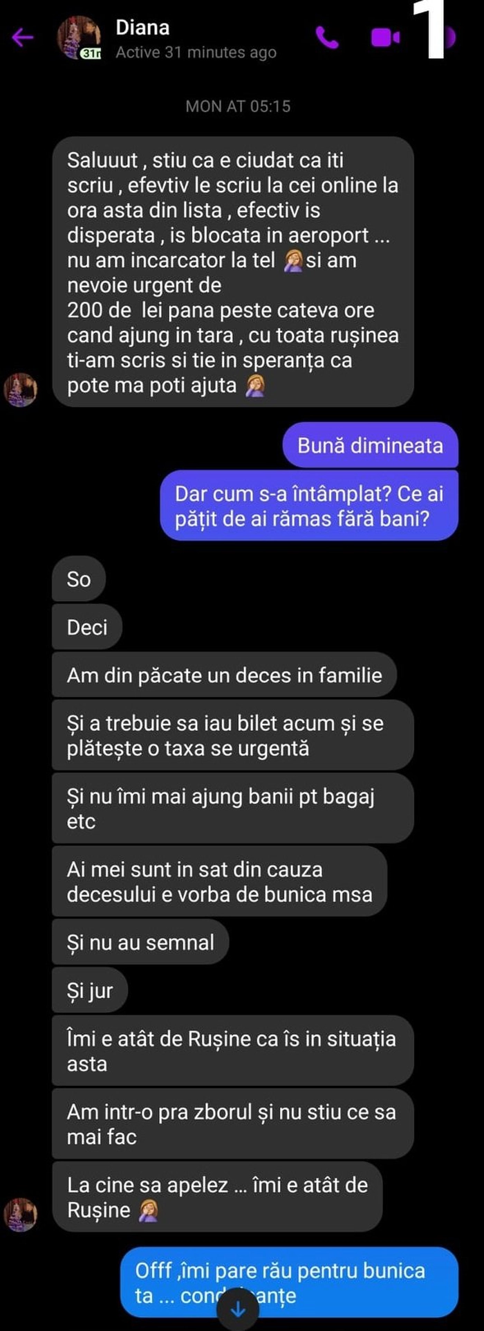 conversatie pe messenger in care o tanara cere bani unui barbat