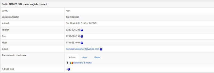 Captura de ecran de pe platforma lista firme cu informatiile societatii Simnec SRL