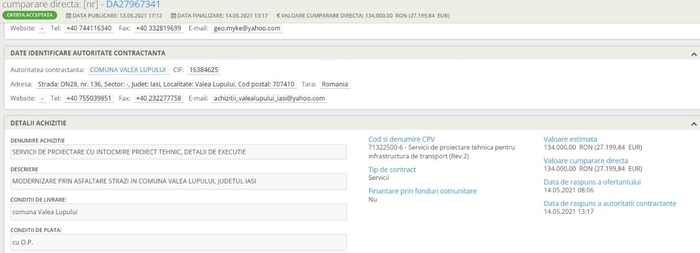 o imagine de pe SEAP cu o achizitie directa intre Primaria Valea Lupului si firma Geo Myke