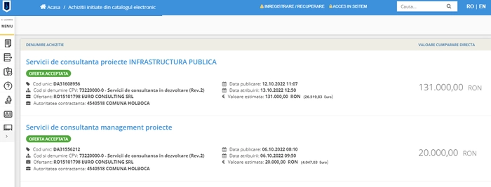 Captura ecran de pe platforma S.E.A.P. cu doua dintre ofertele acceptate de catre primaria Holboca
