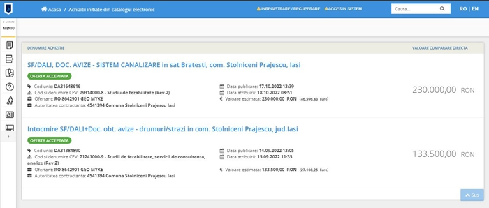 captura de ecran cu doua dintre achizitiile directe ale primariei Stolniceni Prajescu din judetul iasi