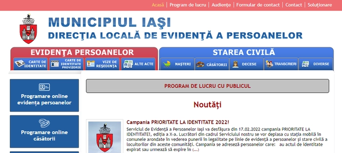  captura de ecran a site-ului web al Directiei Locale de Evidenta a Persoanelor Iasi
