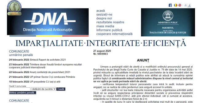 Captură de ecran a site-ului web al Directiei Nationale Anticoruptie