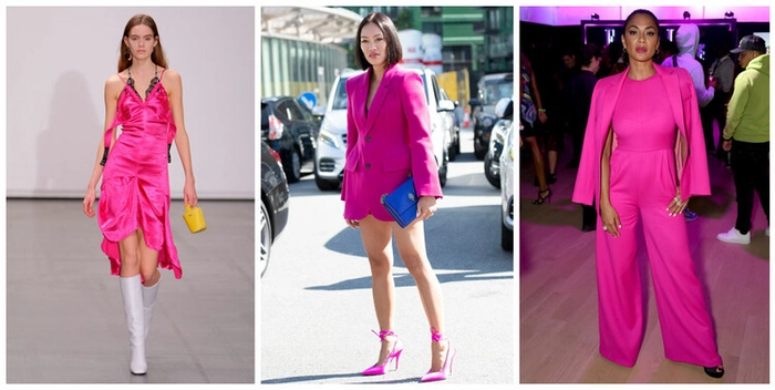 colaj femei imbracate in tinute fuchsia