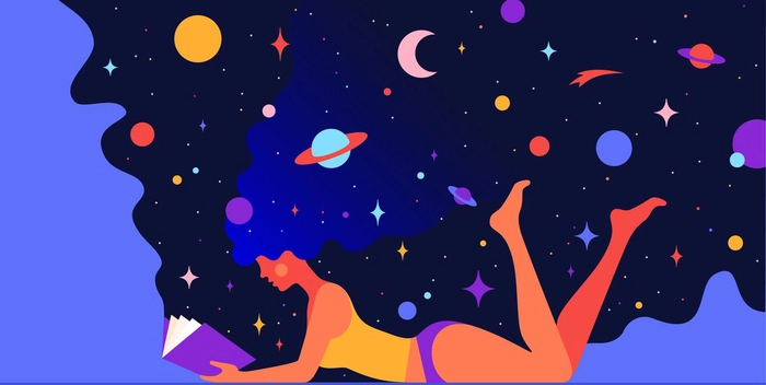 desen cu o femeie și un cer cu planete