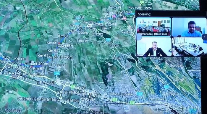 colaj foto cu imagine satelit cu harta si persoane in conferinta