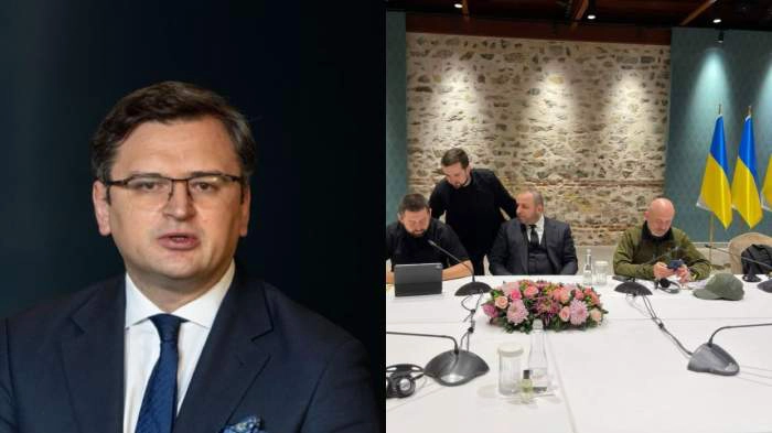 negocierile de pace nu se vor încheia prea curând, colaj Dmitro Kuleba si reprezentantii Rusiei si Ucrainei in timpul negocierilor de pace de la Instanbul